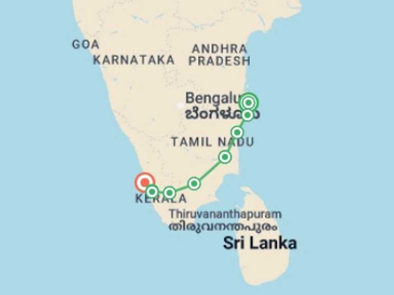 Map itinerary of India Tour in Summer with 10 destination visits for the trip: The Best Of South India, French-speaking Guide, Private Tour