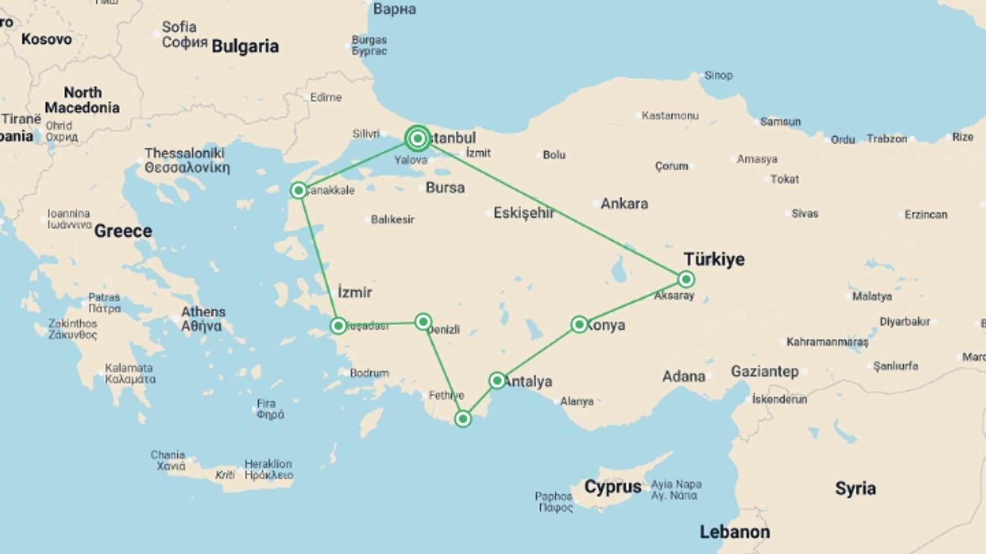 A map showing the tour itinerary for the trip: Christmas Turkey - 12 days, starting in Istanbul, Turkey and ending in Istanbul, Turkey going through 6 other destinations.