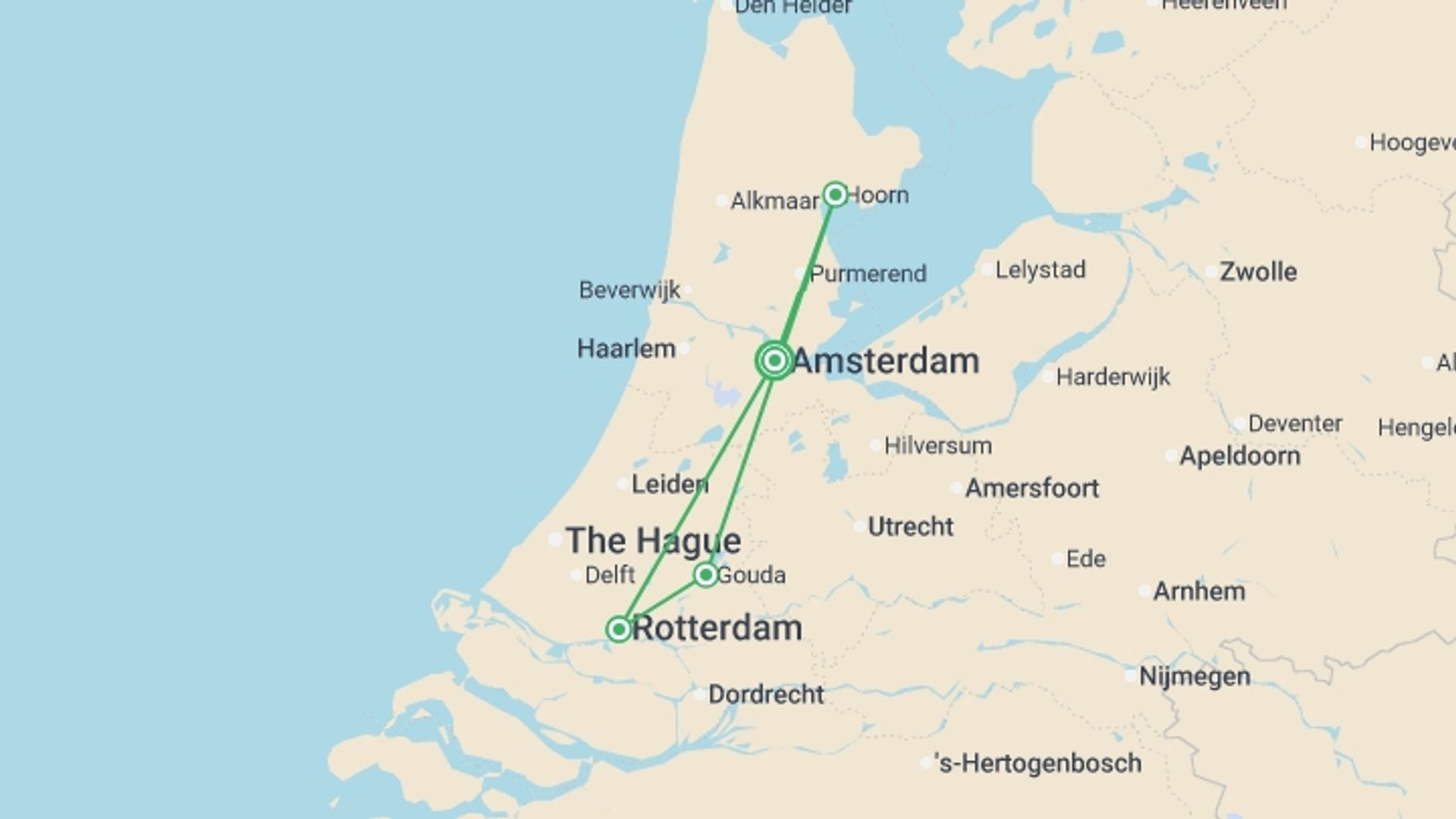 A map showing the tour itinerary for the trip: The Best of The Netherlands (port-to-port cruise), starting in Amsterdam, Holland and ending in Amsterdam, Holland going through 2 other destinations.