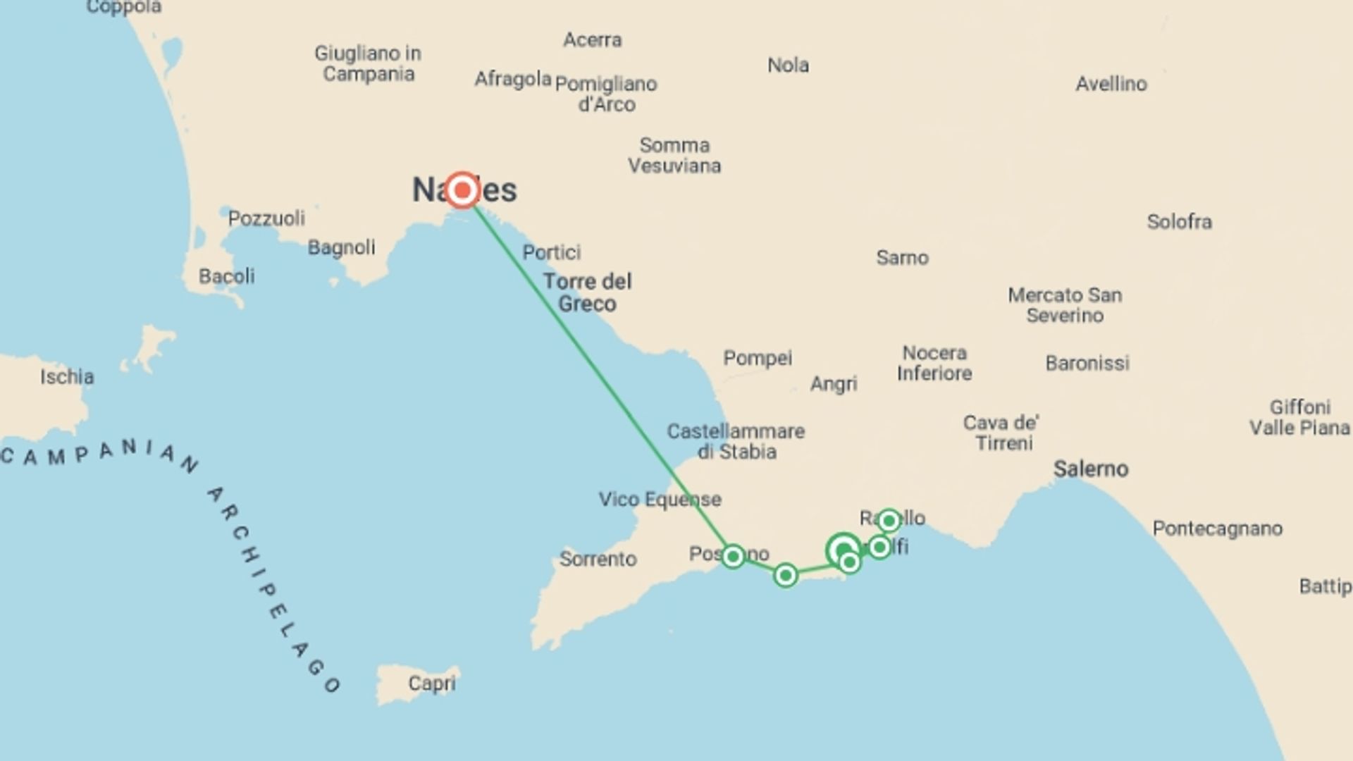 A map showing the tour itinerary for the trip: Classic Amalfi Coast - 8 Days, starting in Amalfi Coast & Campania, Italy and ending in Naples, Italy going through 4 other destinations.