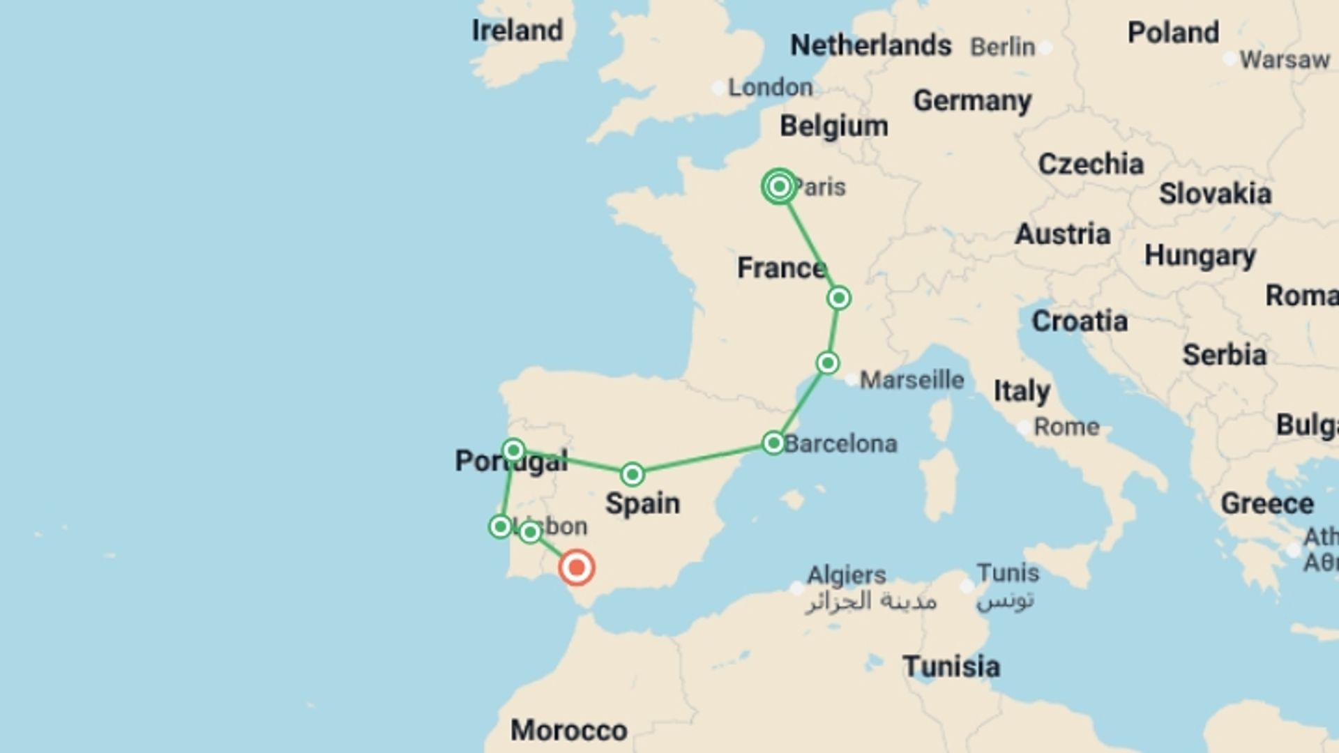 A map showing the tour itinerary for the trip: Essential France, Spain & Portugal, starting in Paris, France and ending in Seville, Spain going through 7 other destinations.