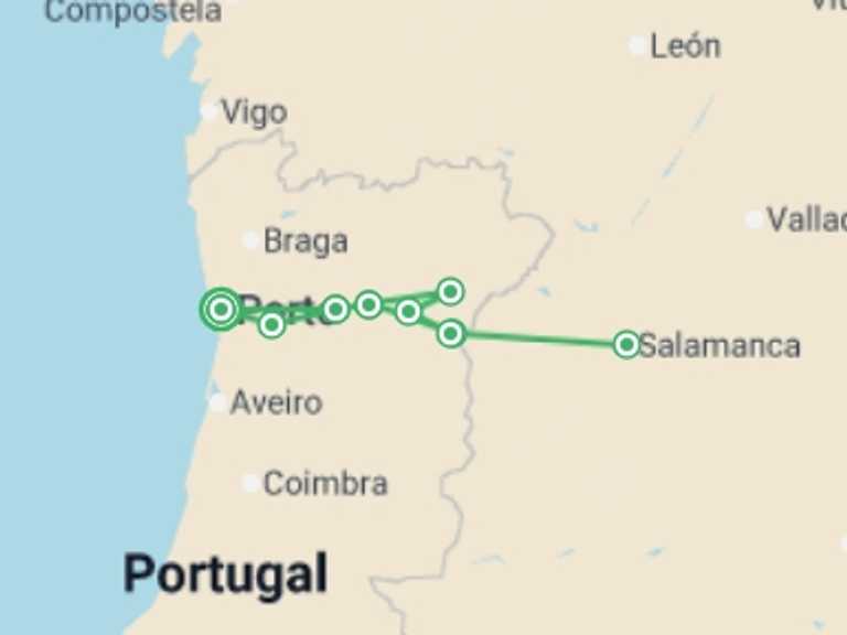 Map itinerary of Europe Tour in April 2027 with 7 destination visits for the trip: Cruise and Hikes in The Douro Valley, A Nature Lover's Dream (port-to-port cruise)
