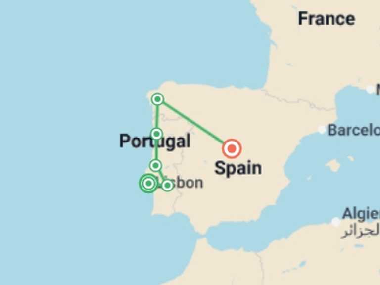 Map of Europe Tour with 6 destination visits for the trip: Sunlit Trails Lisbon to Madrid Adventure - 9 days