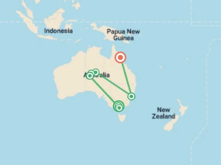 Map of Oceania Tour with 7 destination visits for the trip: Solo-ish Australia