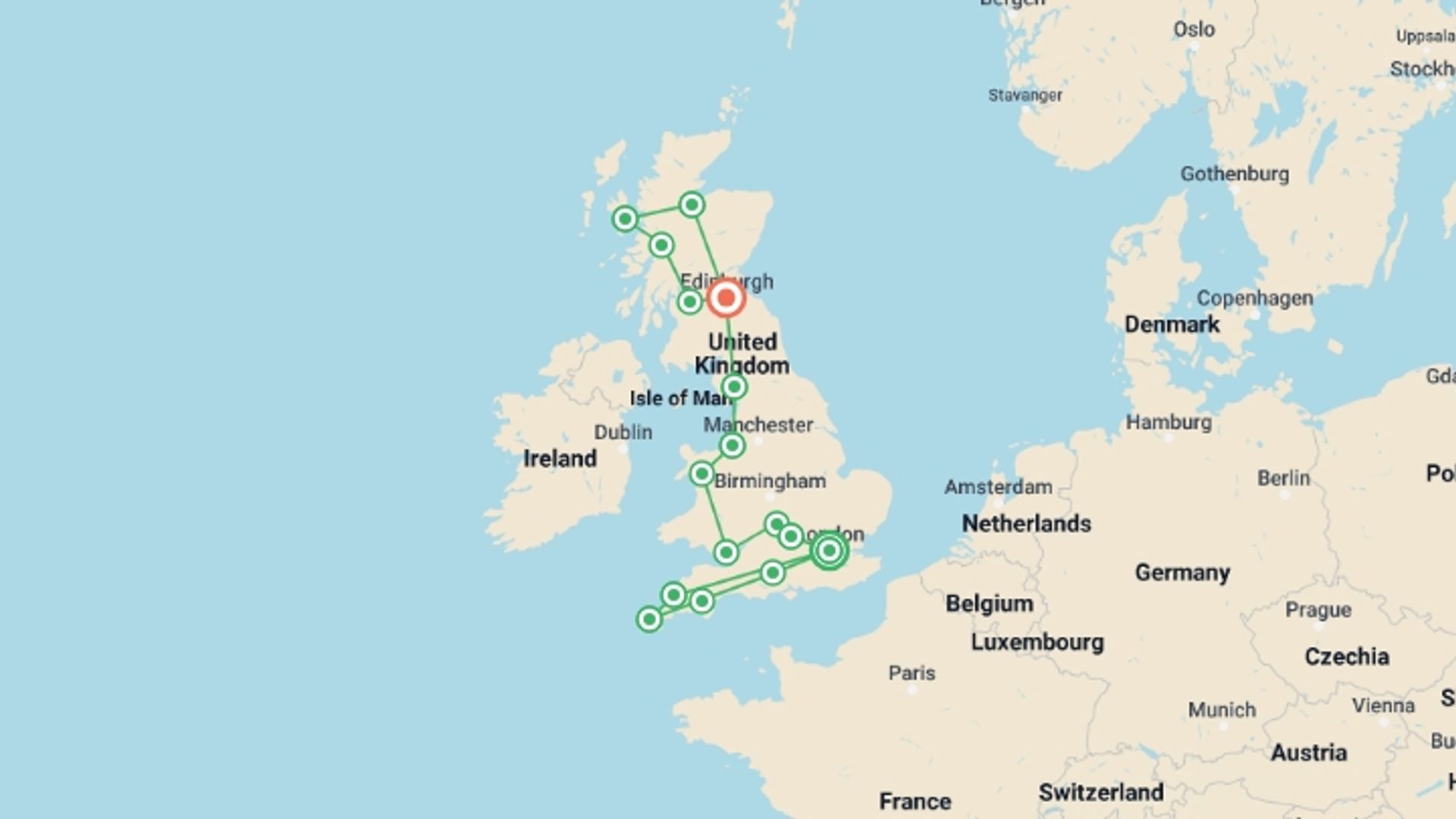 A map showing the tour itinerary for the trip: Best of the United Kingdom, starting in London, England and ending in Edinburgh, Scotland going through 14 other destinations.