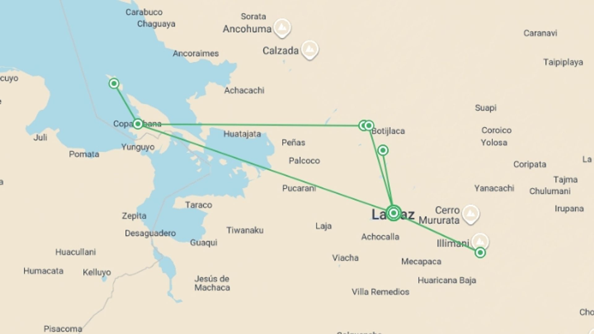 A map showing the tour itinerary for the trip: Summits of Bolivia, starting in La Paz, Bolivia and ending in La Paz, Bolivia going through 6 other destinations.