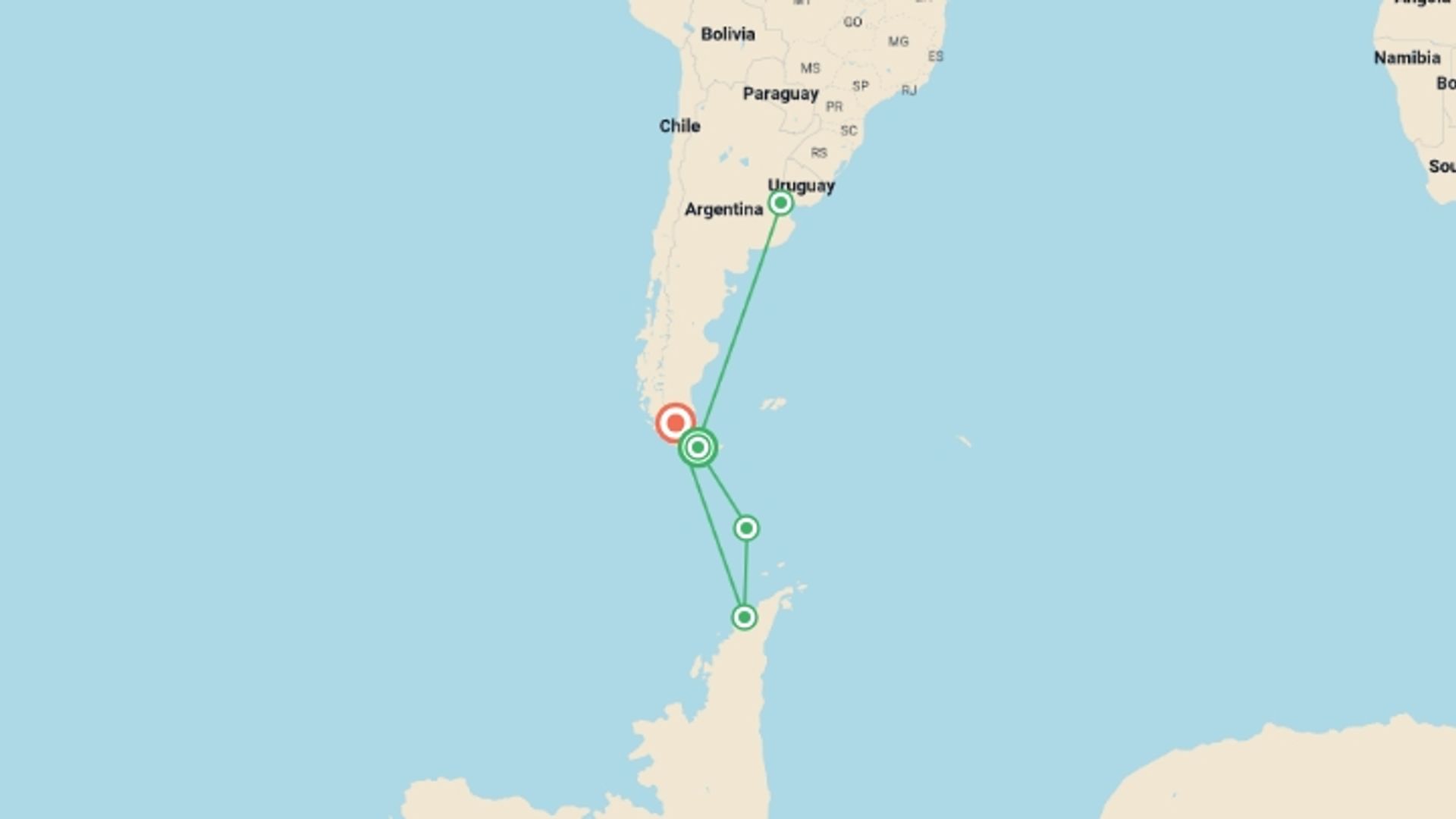 A map showing the tour itinerary for the trip: Antarctic Express: Sail South, Fly North, starting in Ushuaia, Argentina and ending in Punta Arenas, Chile going through 3 other destinations.