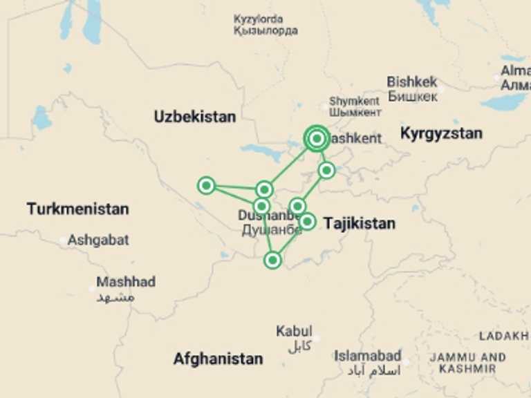 Map itinerary of Asia Tour in July 2026 with 8 destination visits for the trip: In the Footsteps of Alexander the Great