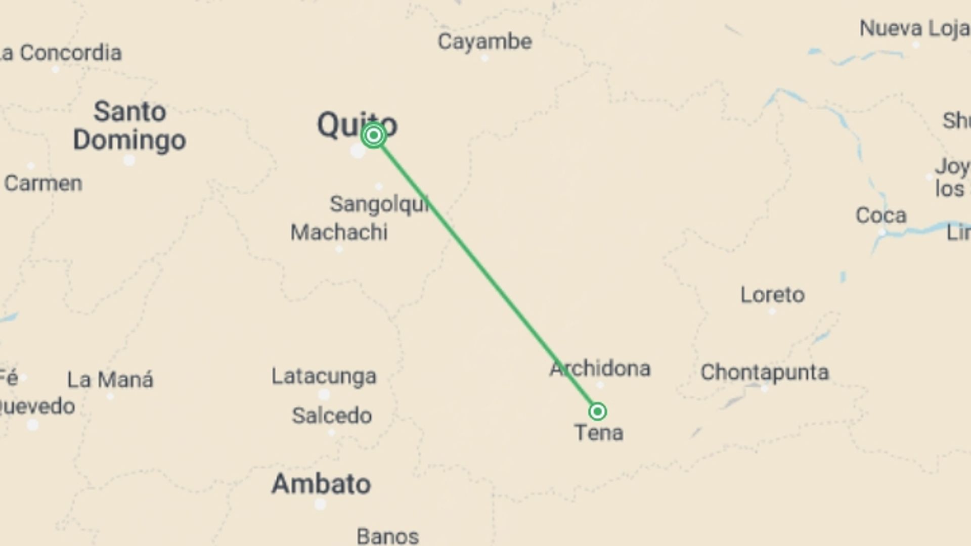 A map showing the tour itinerary for the trip: Local Living Ecuador—Amazon Jungle, starting in Quito, Ecuador and ending in Quito, Ecuador going through 2 other destinations.