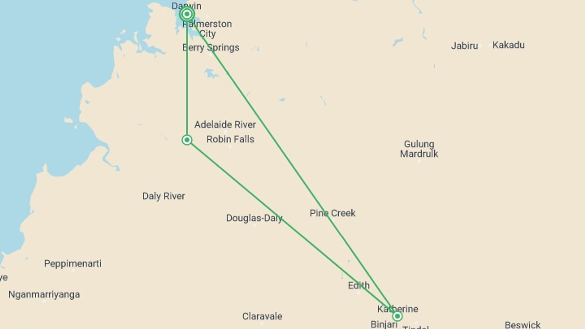 A map showing the tour itinerary for the trip: Australia: Kakadu Dreaming, starting in Darwin, Australia and ending in Darwin, Australia going through 1 other destinations.