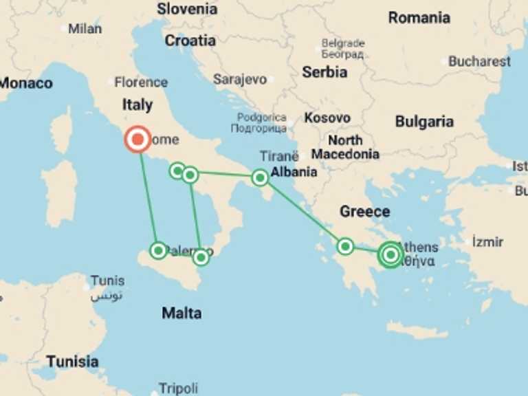 Map of Mediterranean Tour with 8 destination visits for the trip: Athens, Peninsula and Sicily End Rome