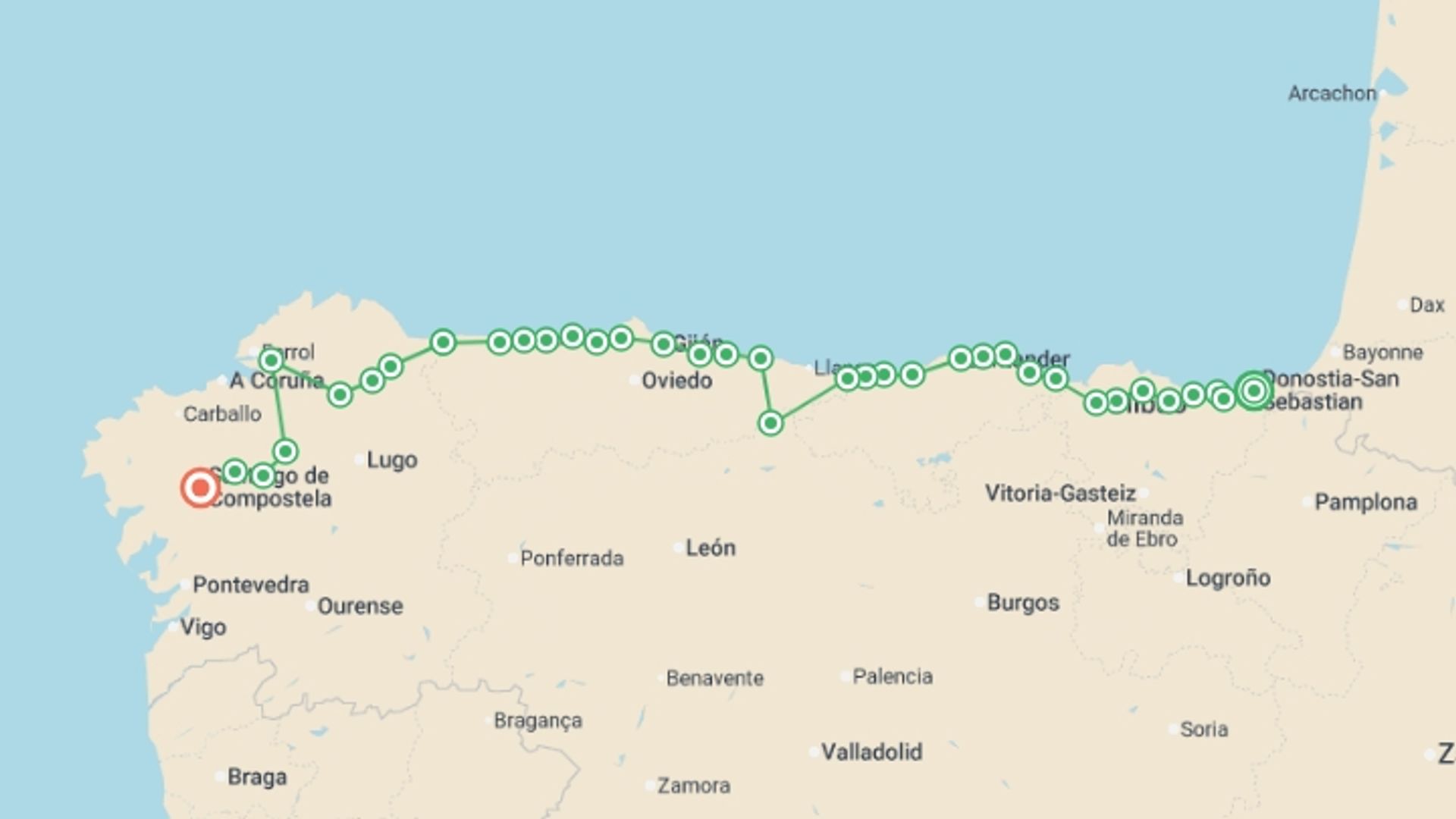 A map showing the tour itinerary for the trip: Full Camino Norte, starting in San Sebastian, Spain and ending in Santiago De Compostela, Spain going through 34 other destinations.