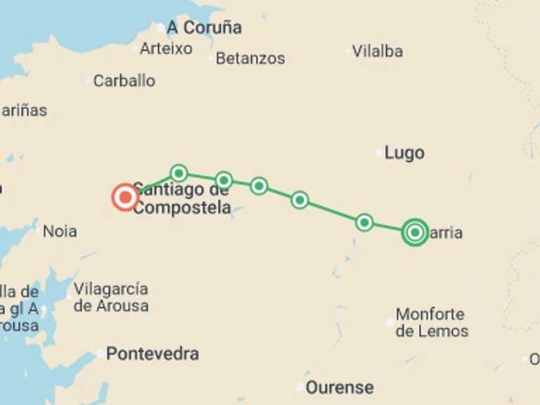 Map itinerary of Sarria Tour in Summer with 7 destination visits for the trip: Camino - Sarria to Santiago Plus