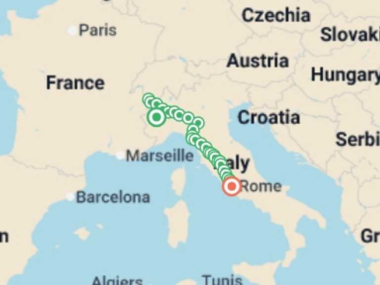 Map of Europe Explorer Tour with 26 destination visits for the trip: Cycle the Full Via Francigena - Aosta to Rome