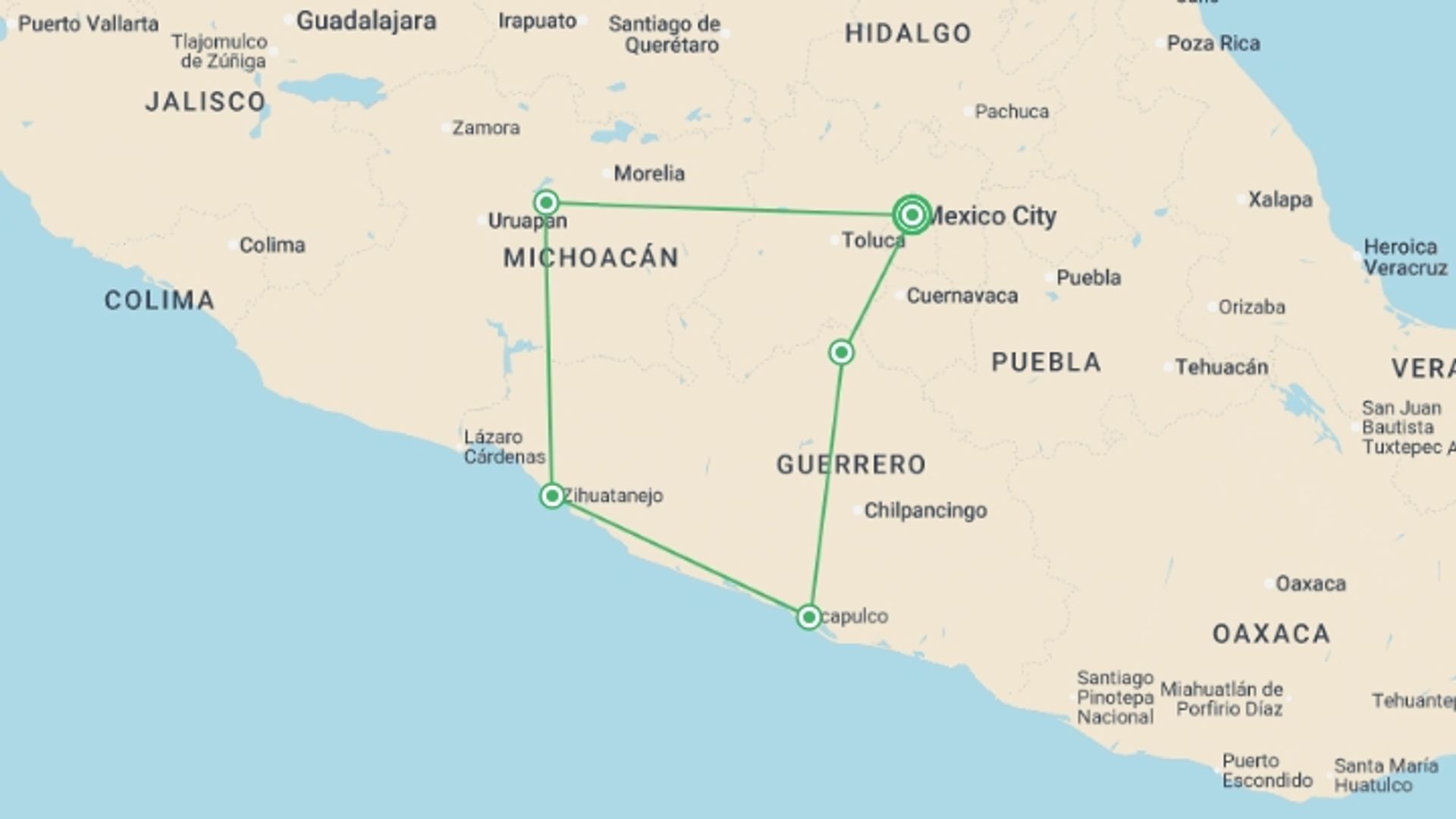 A map showing the tour itinerary for the trip: Mexico: Between Beaches and Magic Villages, starting in Mexico City, Mexico and ending in Mexico City, Mexico going through 4 other destinations.