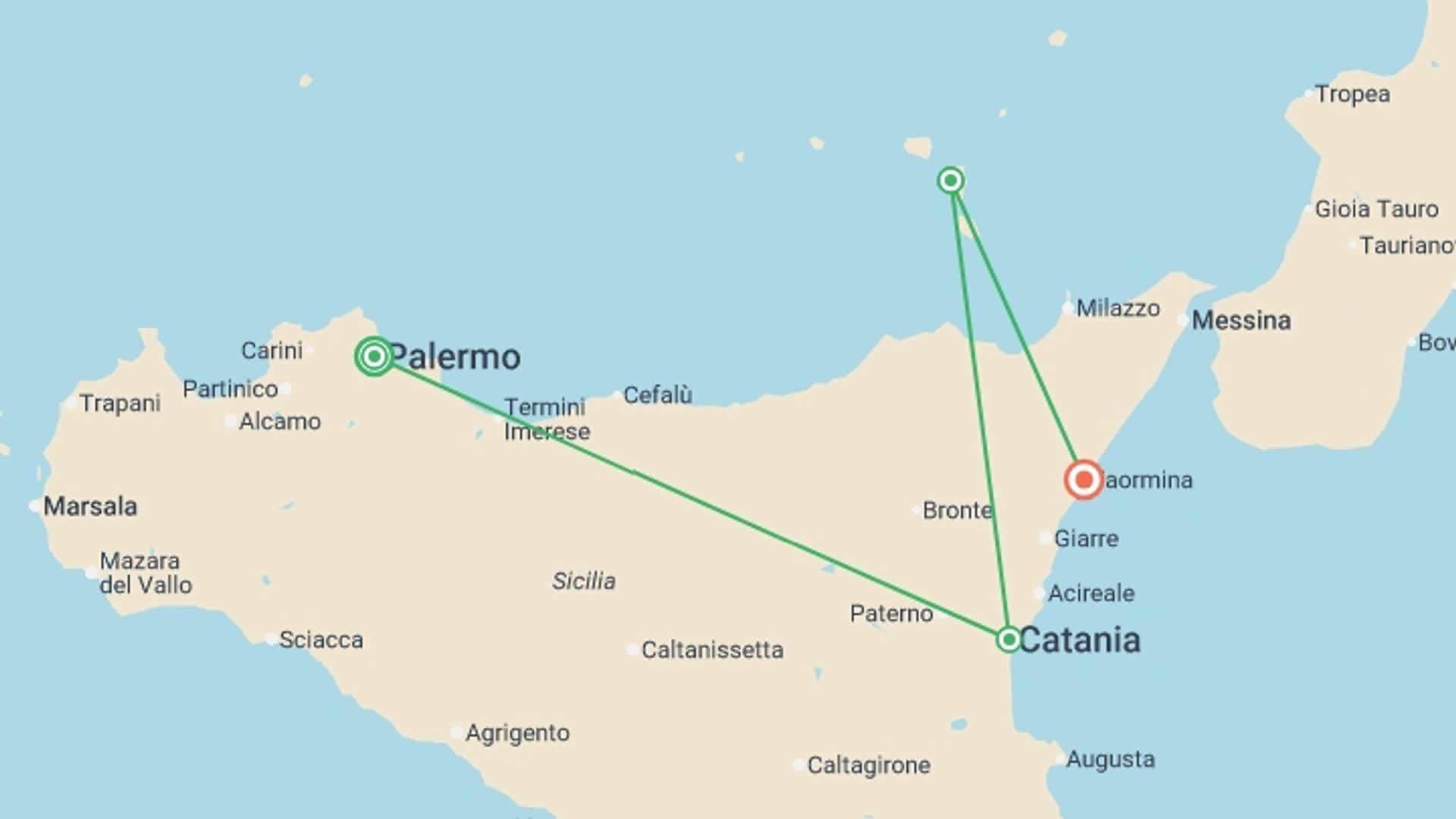 A map showing the tour itinerary for the trip: Palermo, North Sicily & Aeolian Islands - 9 days, starting in Palermo, Italy and ending in Taormina, Italy going through 2 other destinations.