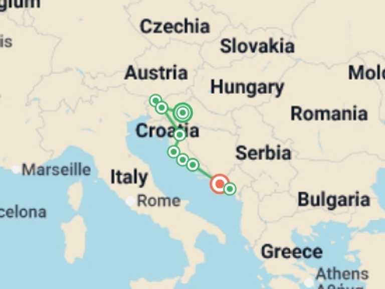 Map of Zagreb City sightseeing Tour with 5 destination visits for the trip: Best of Croatia Slovenia and Montenegro
