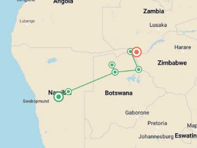 Map itinerary of Windhoek Tour in Spring with 7 destination visits for the trip: 8-day Okavango Delta  Chobe Express Camping