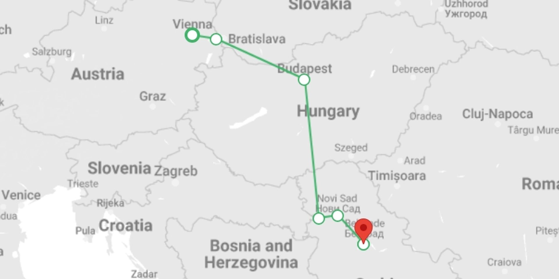A map showing the tour itinerary for the trip: Vienna & Capital Cities of the Danube (2026), starting in Vienna, Austria and ending in Belgrade, Serbia going through 0 other destinations.