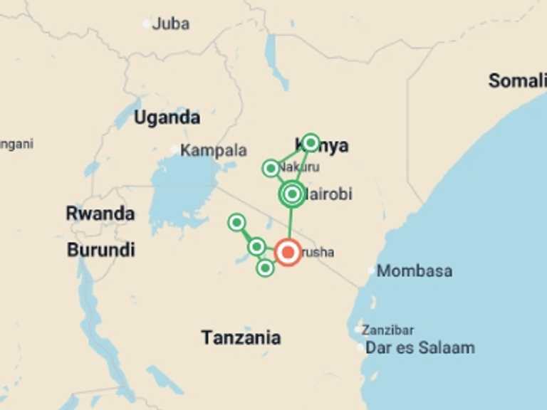Map itinerary of Africa Tour in May 2027 with 7 destination visits for the trip: Kenya & Tanzania 4WD Safari Adventure 12D/11N