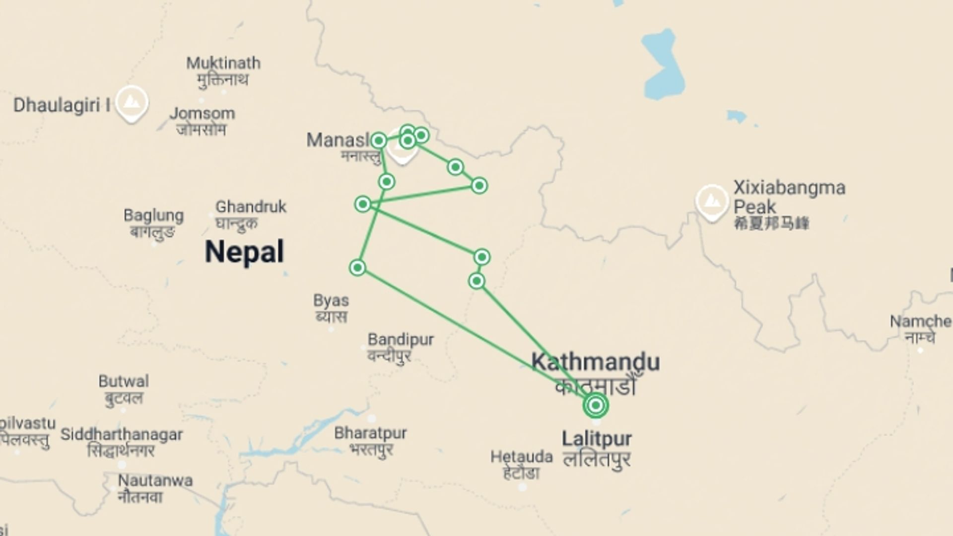 A map showing the tour itinerary for the trip: Manaslu Circuit Trek, starting in Kathmandu, Nepal and ending in Kathmandu, Nepal going through 12 other destinations.