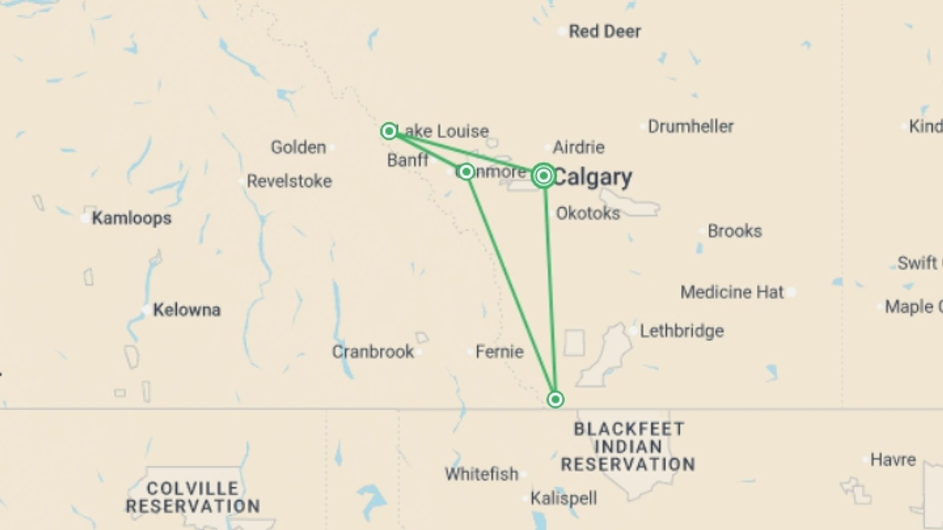 A map showing the tour itinerary for the trip: Active Canadian Rockies Adventure, starting in Calgary, Canada and ending in Calgary, Canada going through 3 other destinations.