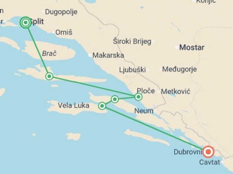 Map of Europe Cruise Tour with 6 destination visits for the trip: Croatian Coastal Cruising - Split to Dubrovnik (Aurora)