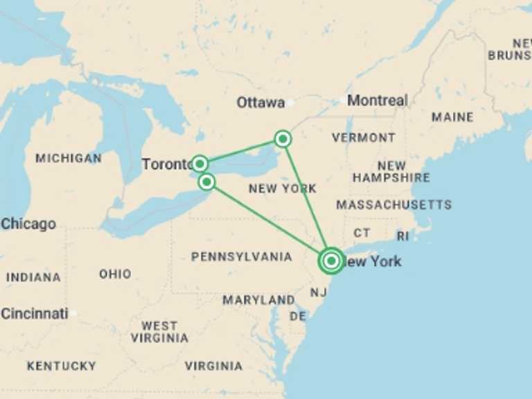 Map itinerary of Canada Tour in October 2025 with 4 destination visits for the trip: Niagara Falls & 1000 Islands 3D/2N (from New York)