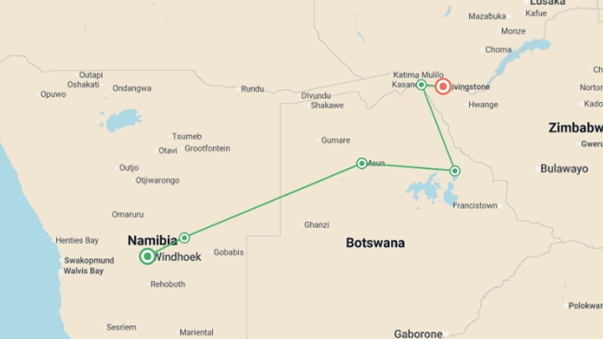 A map showing the tour itinerary for the trip: Okavango & Chobe Discovery (Accommodated) - 8 days, starting in Windhoek, Namibia and ending in Livingstone, Zambia going through 4 other destinations.