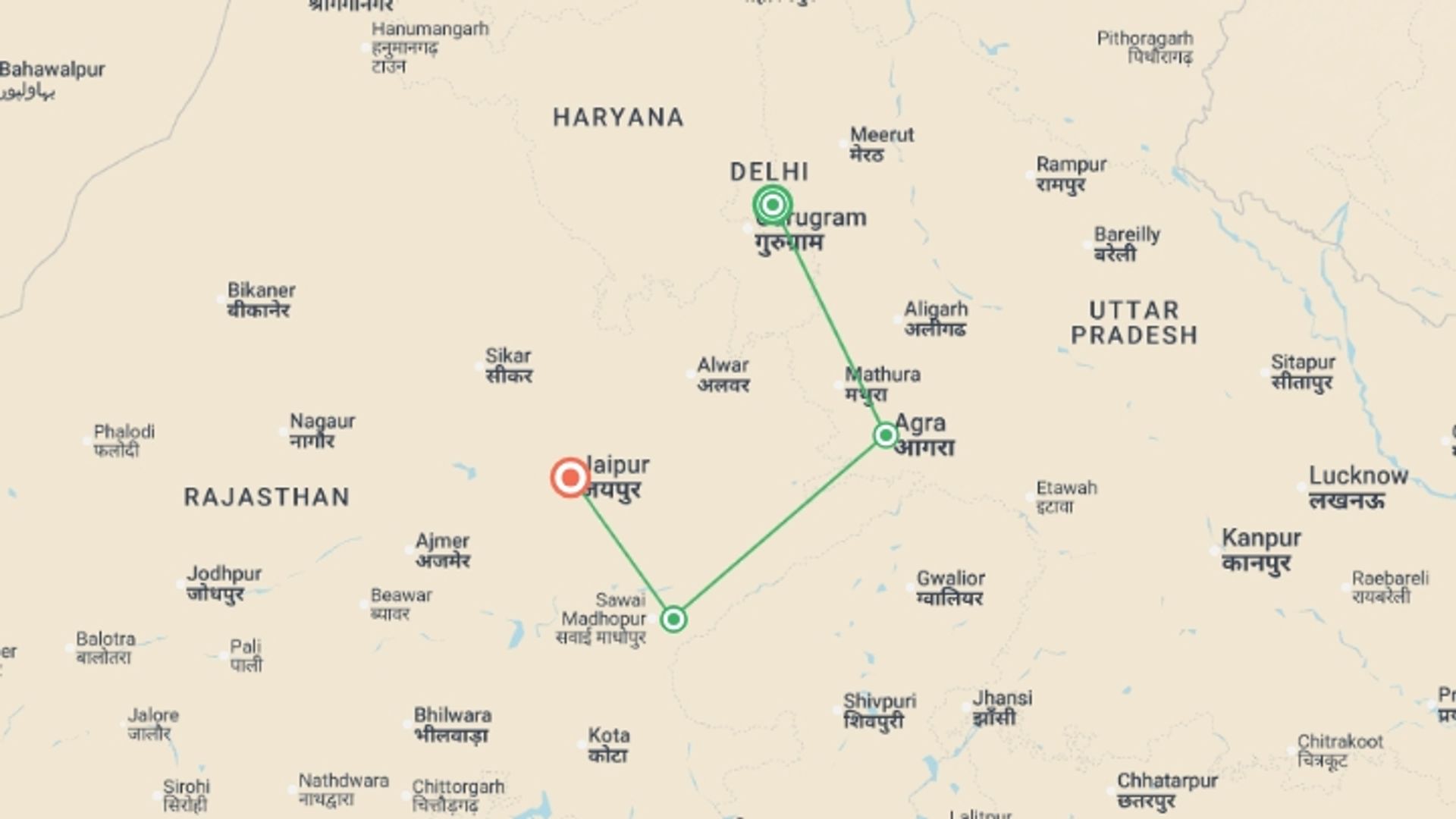 A map showing the tour itinerary for the trip: Delhi to Jaipur & Tigers - 8 days, starting in New Delhi, India and ending in Jaipur, India going through 2 other destinations.