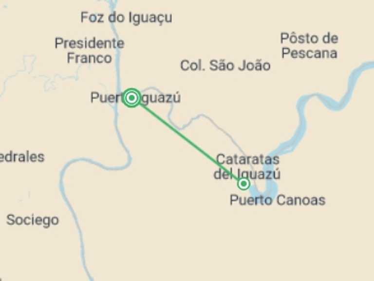 Map itinerary of Puerto Iguazu Tour in May 2026 with 2 destination visits for the trip: 4-Day Puerto Iguazu Tour