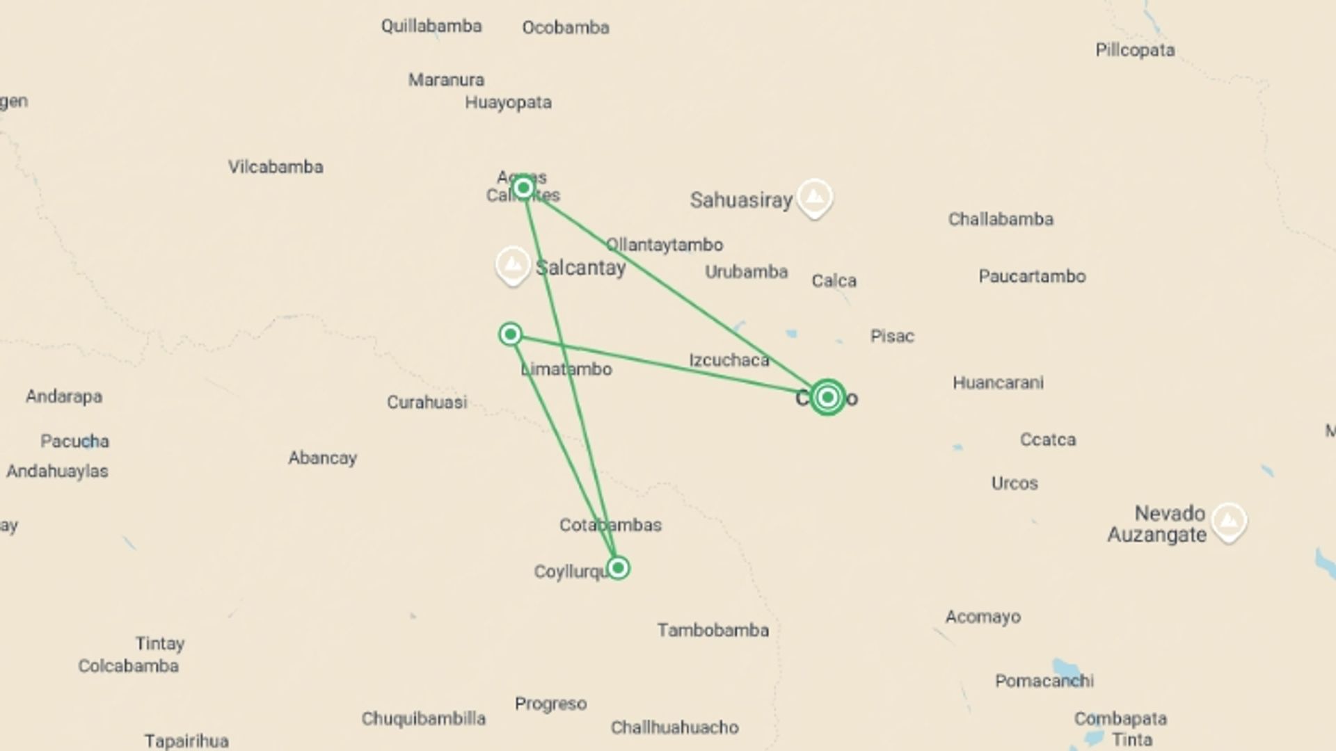A map showing the tour itinerary for the trip: 4-day Salkantay Trek To Machu Picchu, starting in Cusco, Peru and ending in Cusco, Peru going through 3 other destinations.