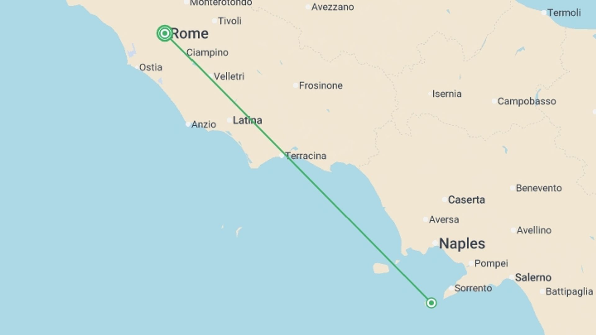 A map showing the tour itinerary for the trip: Rome & Capri Escape, starting in Rome, Italy and ending in Rome, Italy going through 1 other destinations.