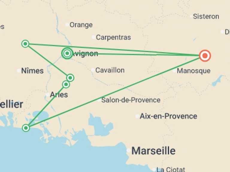 Map of Mediterranean Bicycle Tour with 6 destination visits for the trip: Cycle Provence