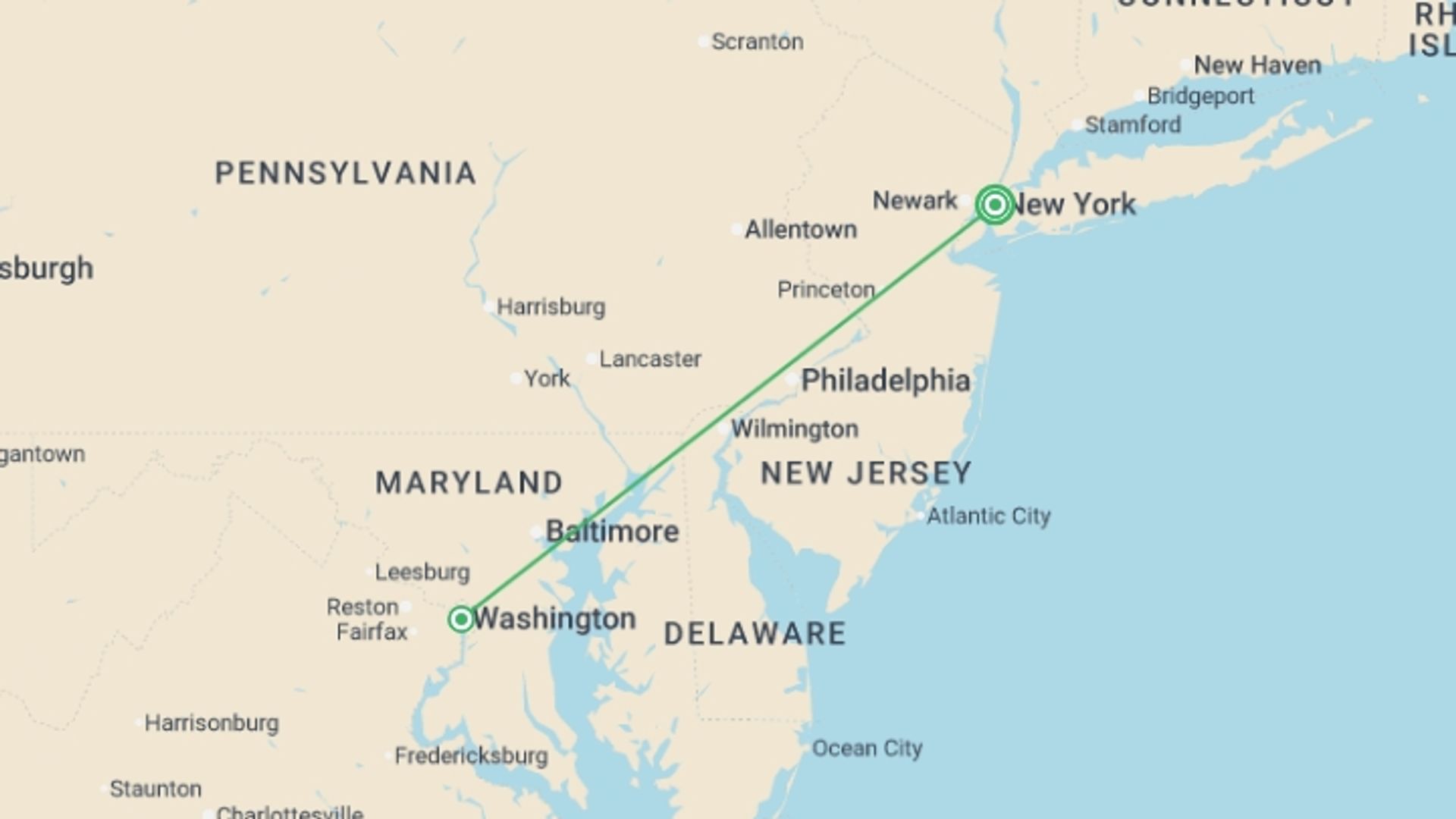 A map showing the tour itinerary for the trip: New York and Washington, starting in New York, USA and ending in New York, USA going through 0 other destinations.