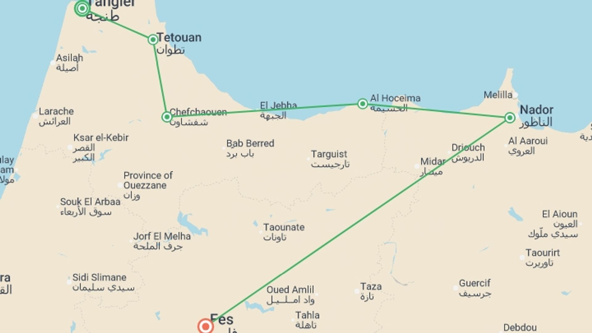 A map showing the tour itinerary for the trip: Morocco's North From Tangier to Fes - 10 days, starting in Tangier, Morocco and ending in Fes, Morocco going through 4 other destinations.