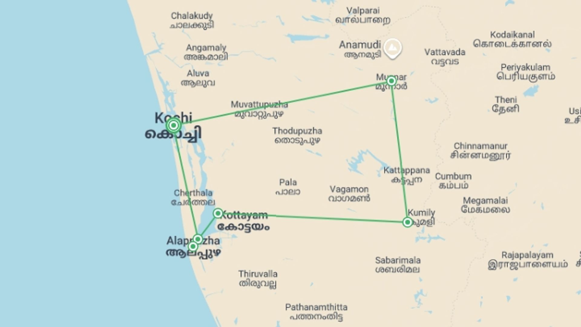 A map showing the tour itinerary for the trip: Captivating Kerala - 8 days, starting in Kochi, India and ending in Kochi, India going through 4 other destinations.