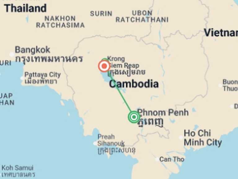 Map of Cambodia Tour with 2 destination visits for the trip: Cambodia Highlights