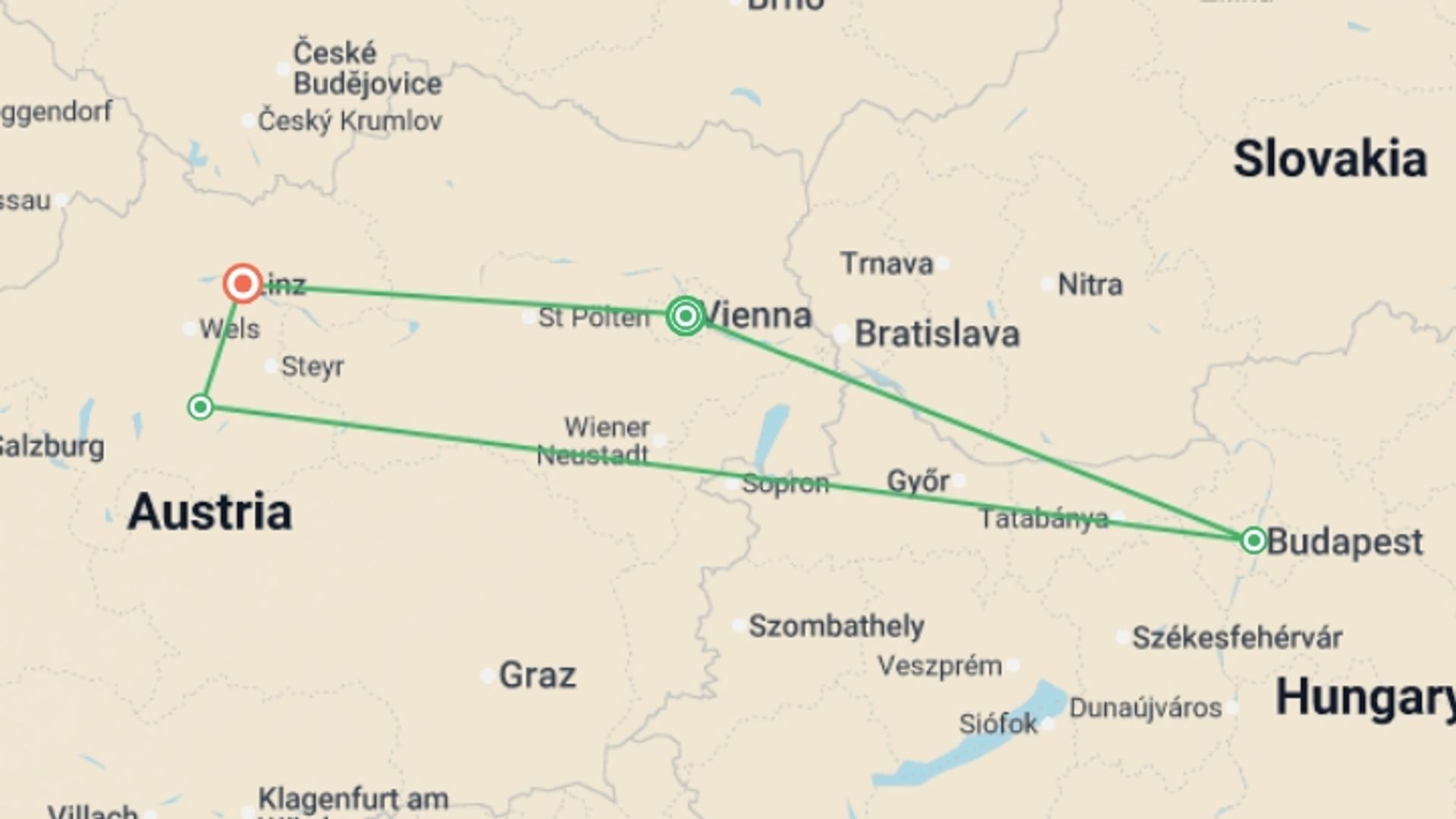 A map showing the tour itinerary for the trip: Magical Danube Dream Cruise, starting in Vienna, Austria and ending in Linz, Austria going through 2 other destinations.