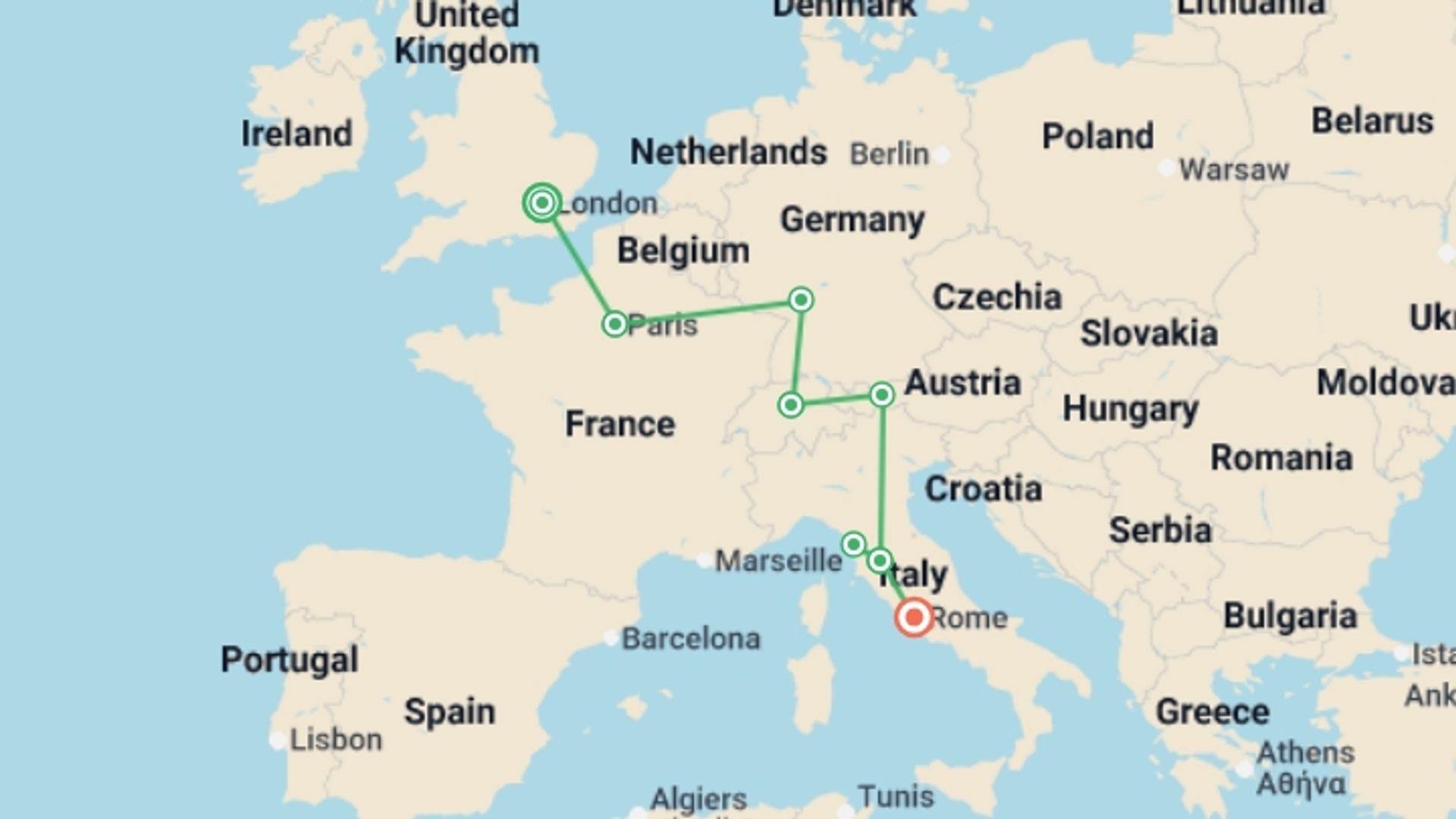 A map showing the tour itinerary for the trip: Best of Western Europe, starting in London, England and ending in Rome, Italy going through 5 other destinations.