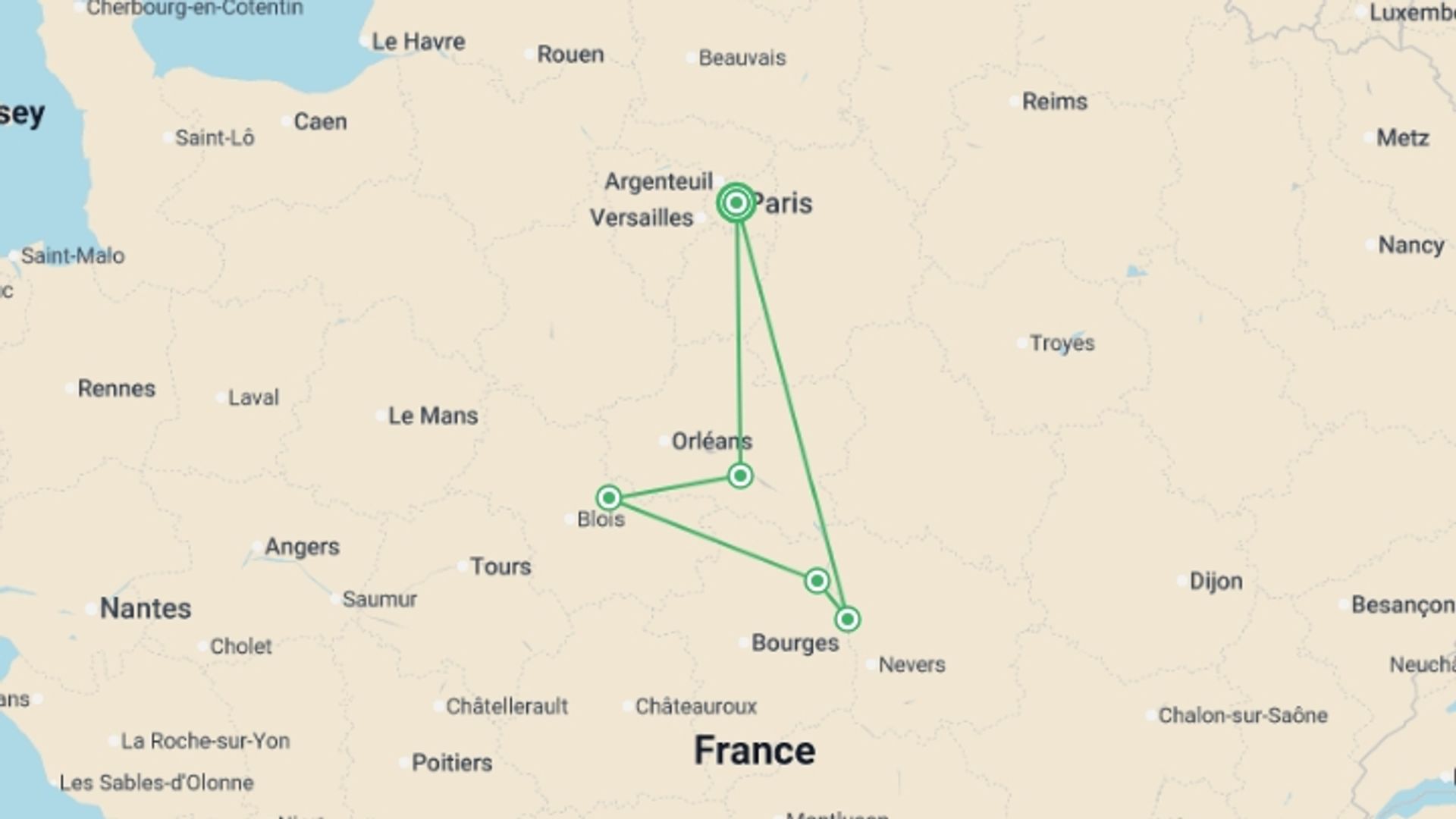 A map showing the tour itinerary for the trip: Cycle the Loire - Nevers to Orléans, starting in Paris, France and ending in Paris, France going through 4 other destinations.
