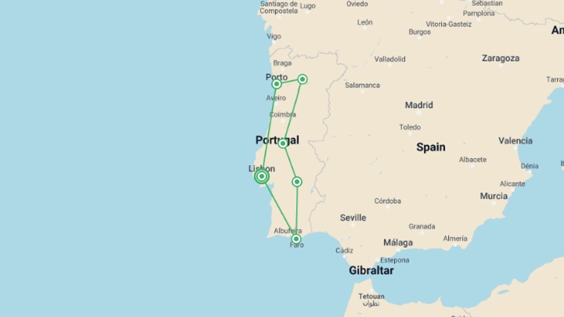 A map showing the tour itinerary for the trip: Country Roads of Portugal, starting in Lisbon, Portugal and ending in Lisbon, Portugal going through 6 other destinations.