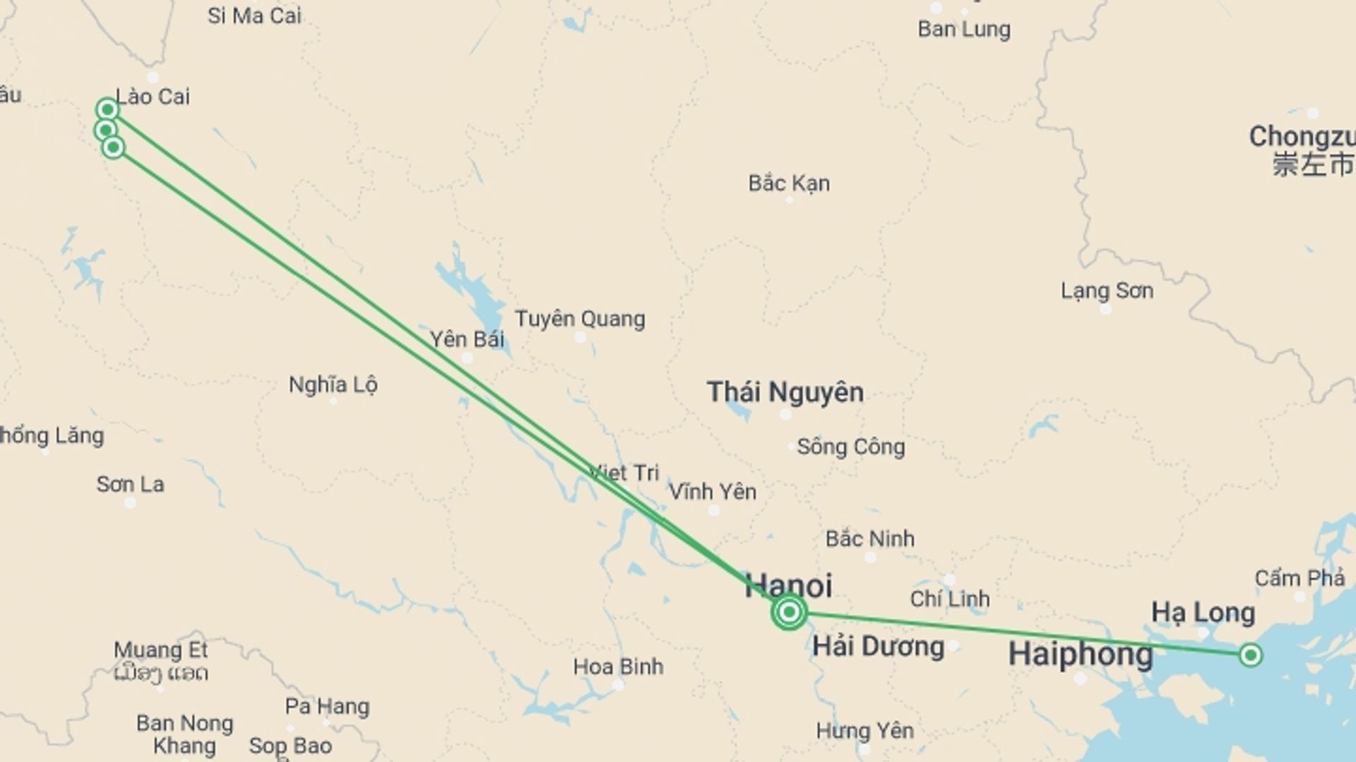 A map showing the tour itinerary for the trip: 5-day Adventure Sapa - Halong Bay From Hanoi, starting in Hanoi, Vietnam and ending in Hanoi, Vietnam going through 2 other destinations.