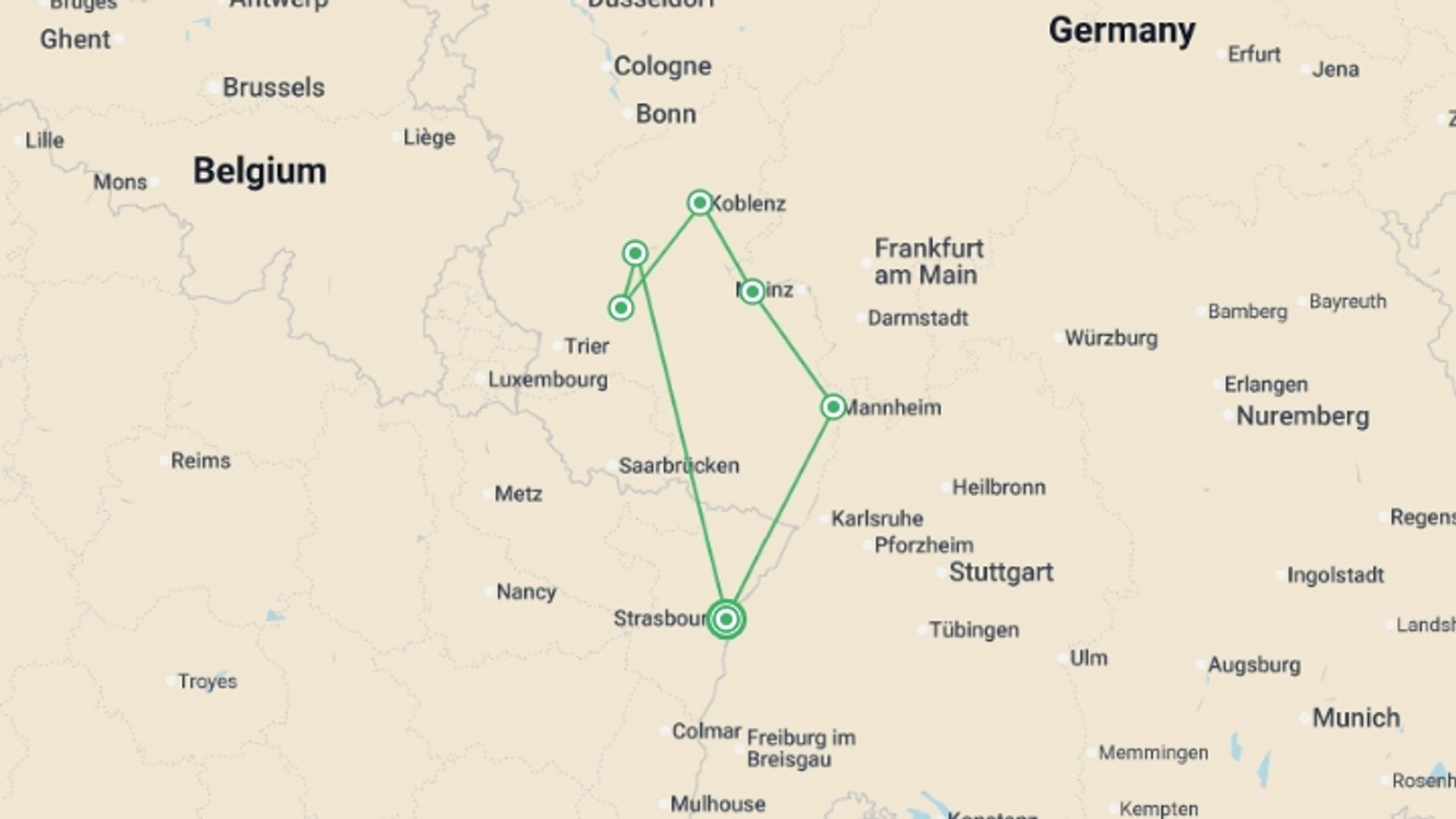 A map showing the tour itinerary for the trip: New Year on the romantic Rhine and the picturesque Moselle (port-to-port cruise), starting in Strasbourg, France and ending in Strasbourg, France going through 5 other destinations.