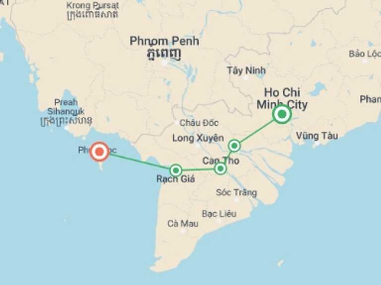 Map of Ho Chi Minh City Sightseeing Tour with 4 destination visits for the trip: Two-day Mekong cruise: Saigon to Phu Quoc