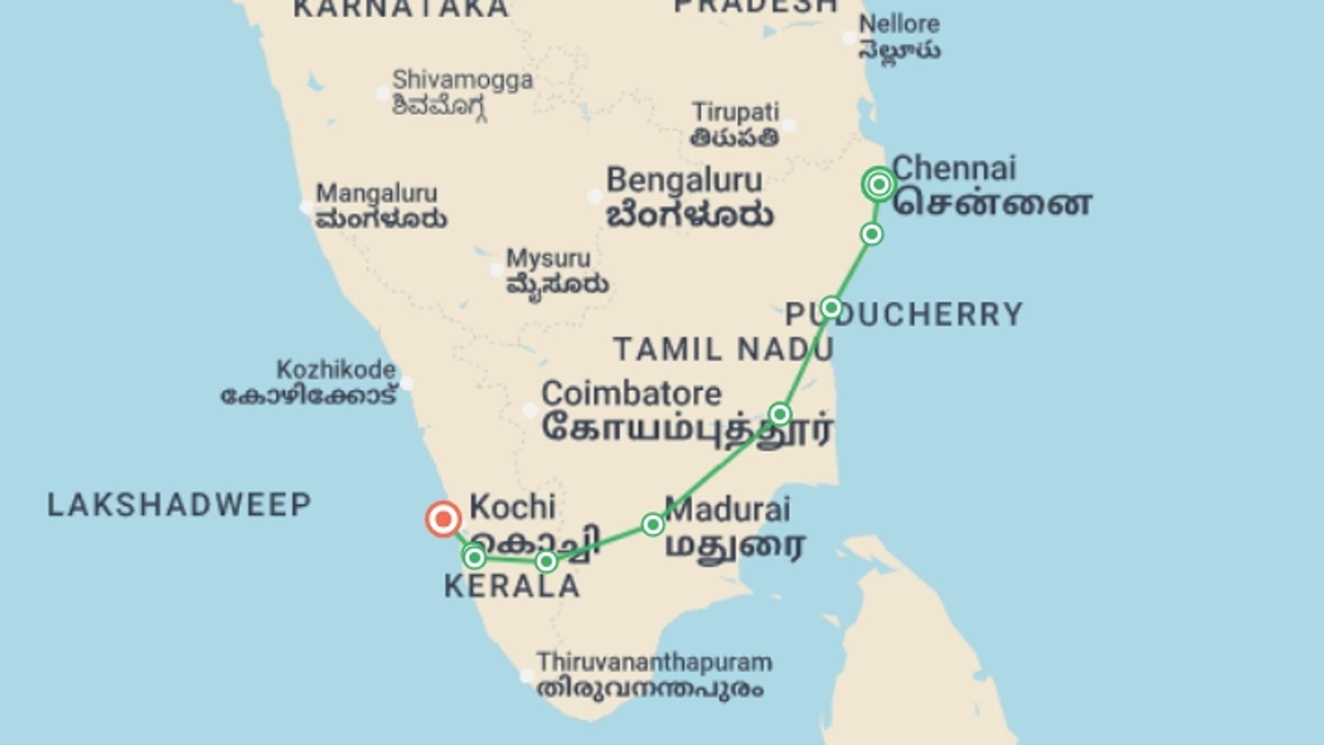 A map showing the tour itinerary for the trip: The Best Of South India, French-speaking Guide, Private Tour, starting in Chennai, India and ending in Kerala & Tamil Nadu, India going through 8 other destinations.
