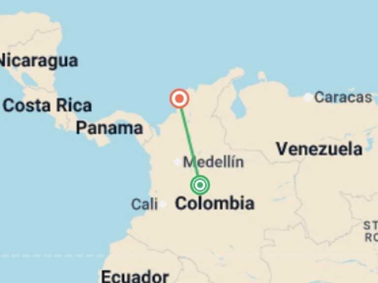 Map itinerary of South America Tour in March 2027 with 2 destination visits for the trip: 6-day Bogotá & Cartagena – Andes To Caribbean Experience
