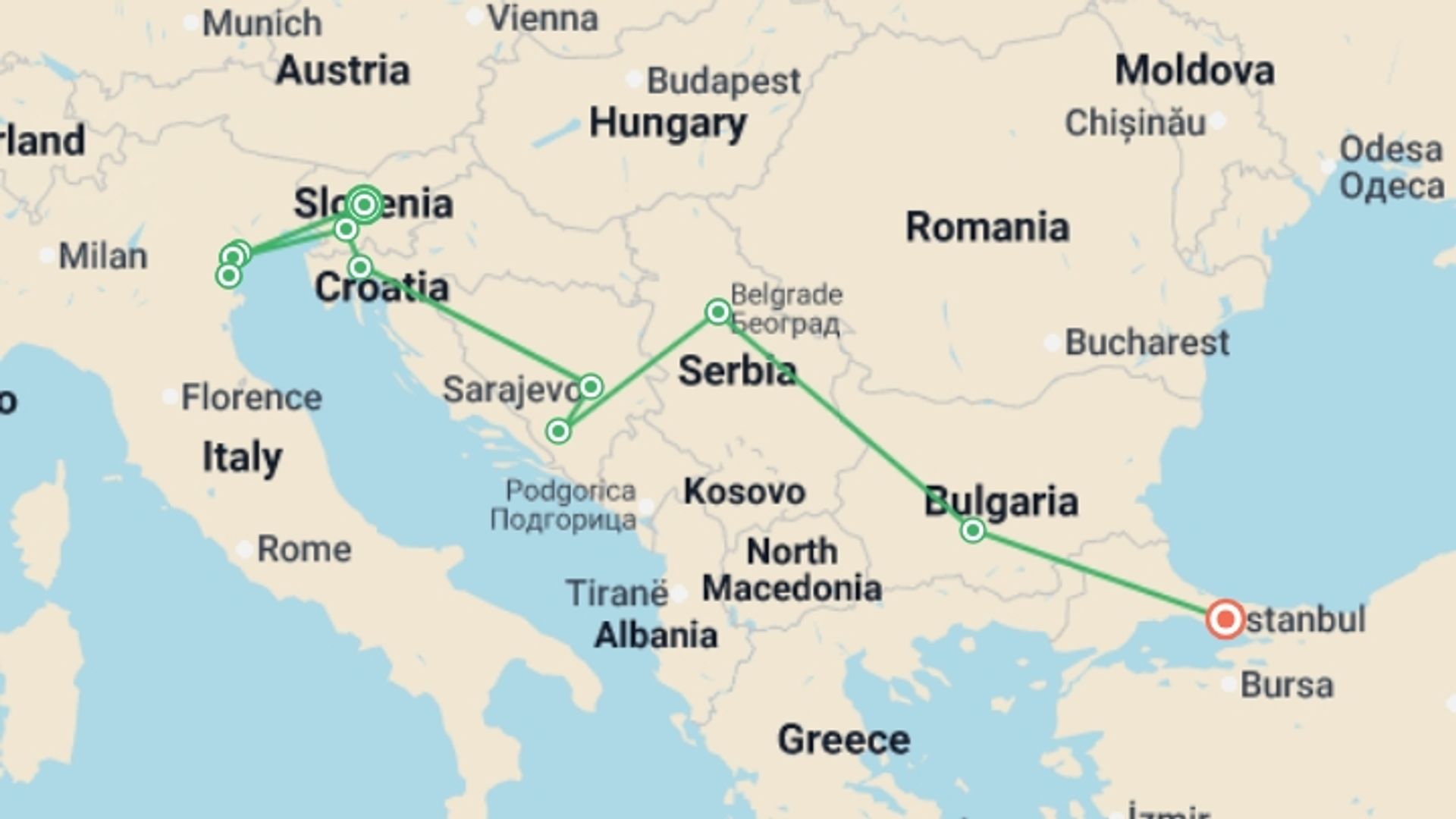 A map showing the tour itinerary for the trip: Cruise & Rail: Slovenia, Venice, Istanbul & the Balkans (2027), starting in Ljubljana, Slovenia and ending in Istanbul, Turkey going through 9 other destinations.