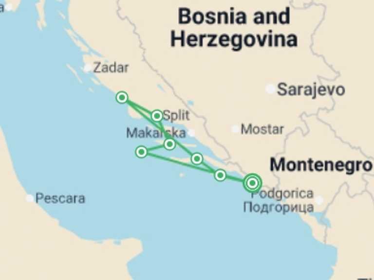 Map of Balkans Explorer Tour with 6 destination visits for the trip: Hiking Cruise in Croatia and Montenegro (port-to-port cruise)