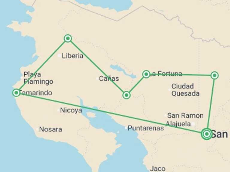 Map of San Jose Explorer Tour with 6 destination visits for the trip: Self Drive Costa Rica - 14 days